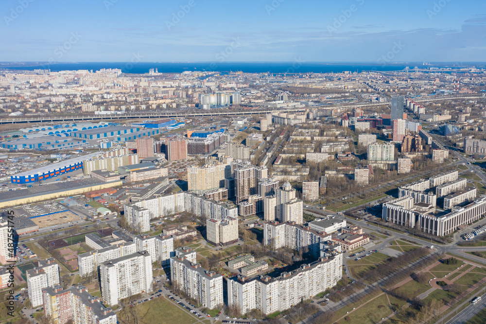 Aerial view of the city of a million people on the coast of the bay.