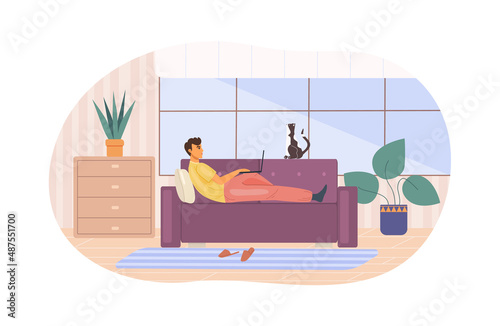 Happy male suffering internet addiction procrastination enjoying leisure weekend at home cartoon vector