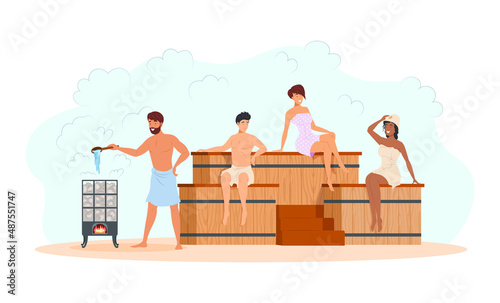 Diverse people wearing towels relaxing at sauna with heat steam broom.