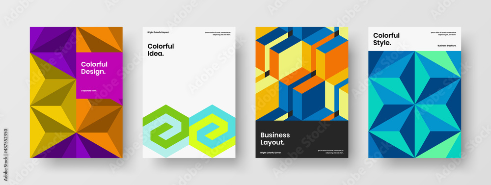 Unique corporate cover design vector illustration set. Abstract geometric tiles pamphlet concept composition.