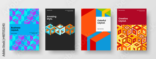 Creative geometric hexagons magazine cover illustration bundle. Isolated leaflet vector design template composition.