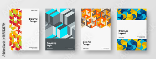 Unique geometric hexagons presentation illustration composition. Fresh catalog cover A4 vector design concept bundle.