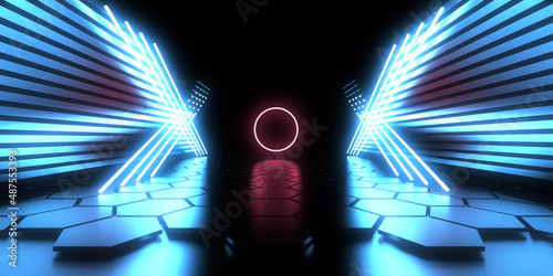 3D abstract background with neon lights. neon tunnel .space construction . .3d illustration