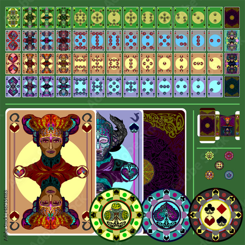 Poker set includes: full card deck, casino chips, playing card tuck box template. Oriental fairy tale. Vector set.