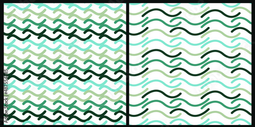 Set of vector seamless patterns. Geometric squiggles in green pastel colors on a white isolated background. 