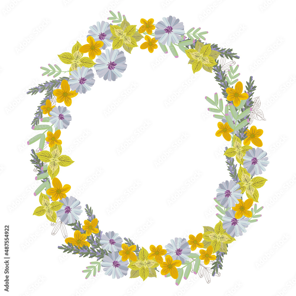 wreath from garden flowers and herbs. vector graphics wreath from garden flowers and herbs. vector graphics