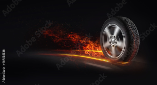 strong auto tires modern diagnosis. Burning car tire at high speed