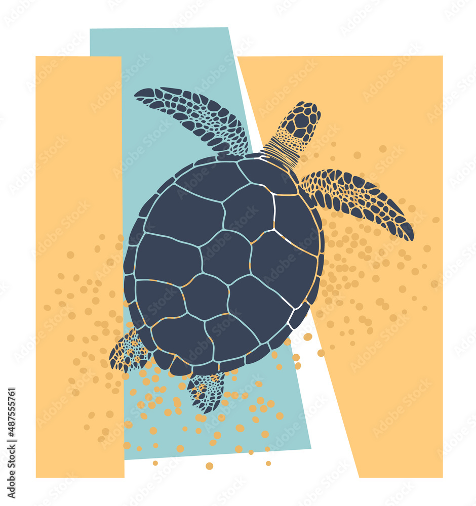 Dark blue turtle silhouette, yellow and aquamarine abstract geometric ...