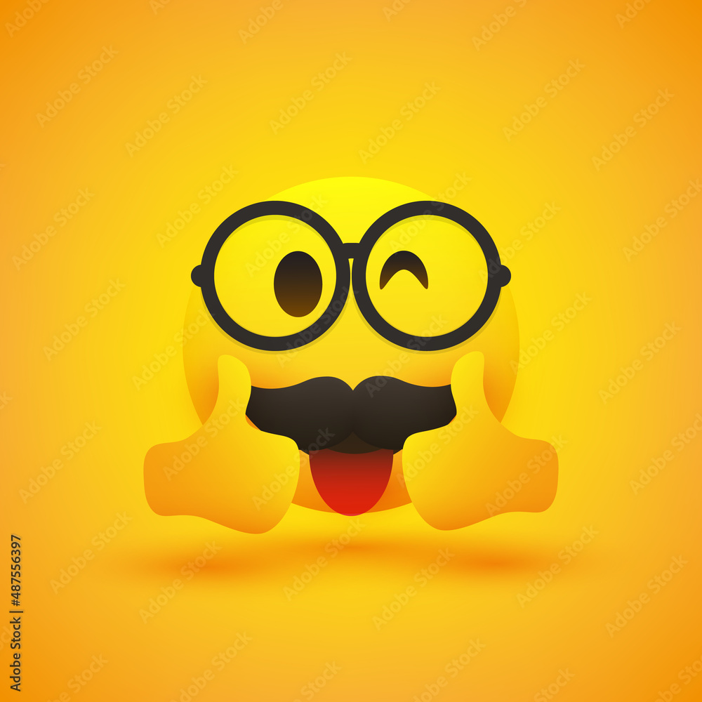 Positive, Satisfied, Happy Winking Nerd Male Emoji with Rounded Glasses, Mustache and Stuck Out Tongue Showing Double Thumbs Up - Vector Emoticon Design for Web and Apps on Yellow Background