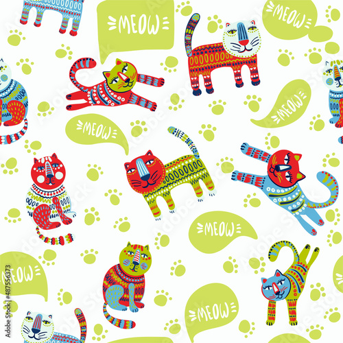 Cute and trendy vector seamless pattern with decorative drawn cats and "Meow" text. talking funny pets in a template for print and design of children's products.