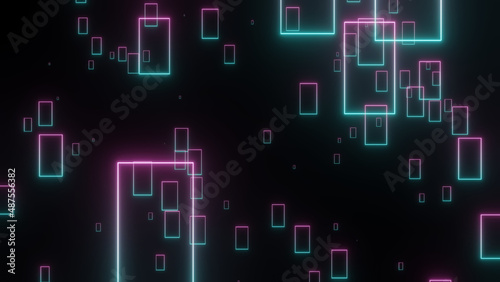 Falling of gradient pink blue rectangle frame in dark background (3D Rendering)