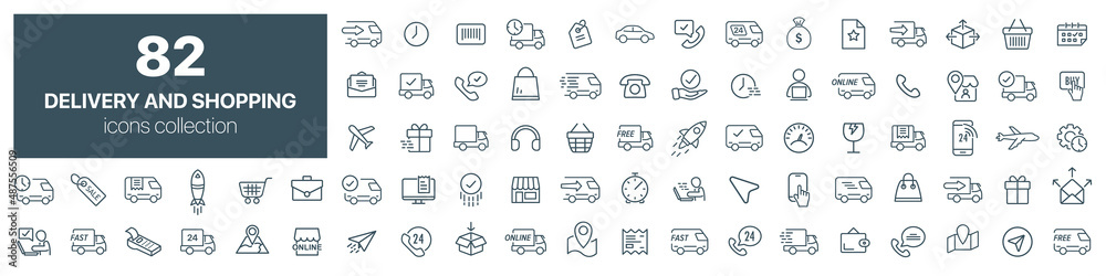 Delivery and shopping line icons collection. Big UI icon set. Thin outline icons pack. Vector illustration eps10 - obrazy, fototapety, plakaty 