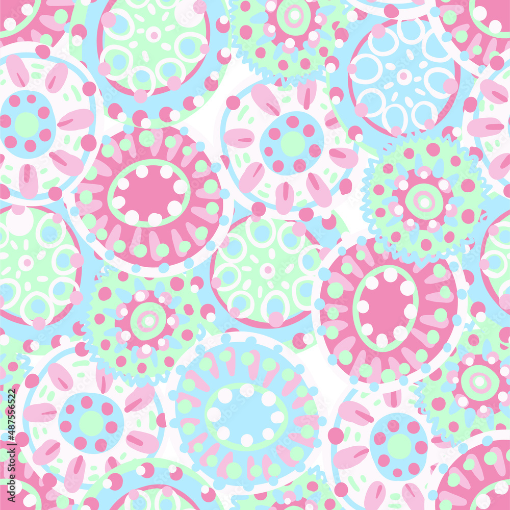 Original vector seamless pattern with doodle circles in the ethnic style of India, Persia and other Arab and Eastern countries. Variegated and multi-colored ornament for printing on fabrics