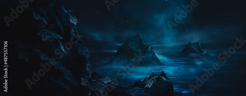 Futuristic fantasy landscape, sci-fi landscape with planet, neon light, cold planet. Metaverse. Galaxy, unknown planet. Dark natural scene with light reflection in water. Neon space galaxy portal. 3d 