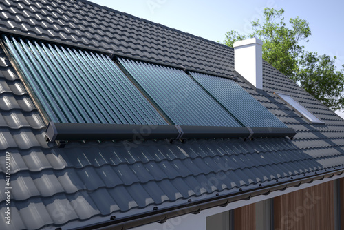 Solar water heater on the roof - 3D illustration photo