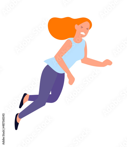 Woman falling down. Scared girl declining. Stumbling person