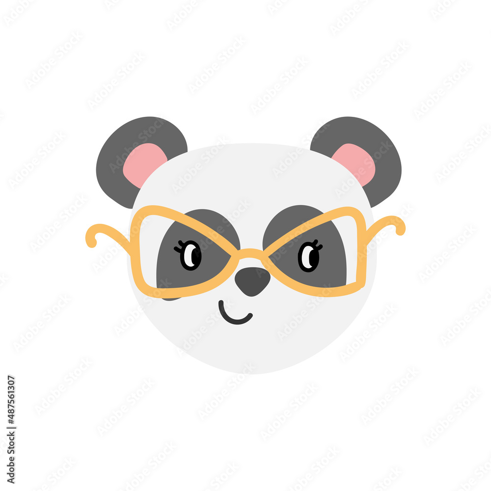 Fototapeta premium Hand drawn cute panda. Childish animal white bear with grey eyes and pink ears and golden glass.