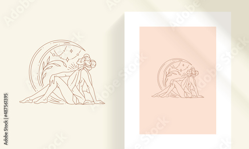 Beauty female sitting with moon and stars line art style vector illustration