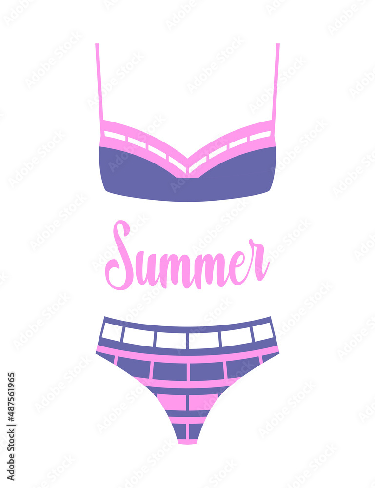 Summer isolated fashion swimsuit. Minimalistic simplified illustration. Vector. Swimsuit for beach. Two-piece swimsuits. Trendy color 2022 Summer isolated fashion swimsuit. Minimalistic simplified illustration. Vector. Swimsuit for beach. Two-piece swimsuits. Trendy color 2022
