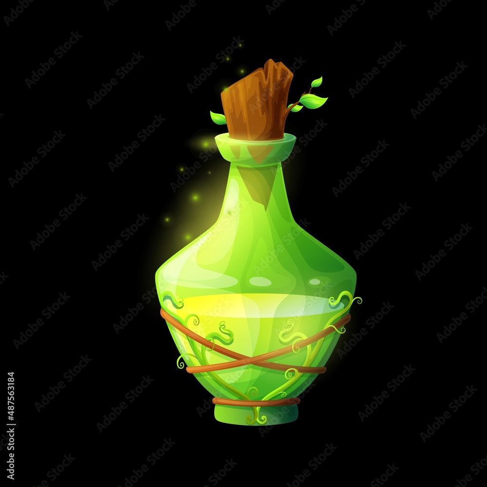 Cartoon love potion bottle with magic elixir, glass flask or jar with  colorful glowing pink liquid substance. Witch poison. Fantasy and fairy  tales object. Vector illustration on dark blue background 29326916 Vector