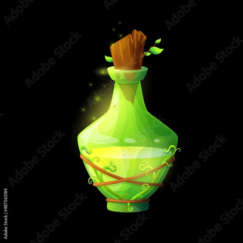 Potion bottle with nature energy. Cartoon vector glass flask with green glow magic elixir. Earth power wizard spell in crystal jar with plant roots or vine. Glowing witch poison, ui game nostrum asset photo