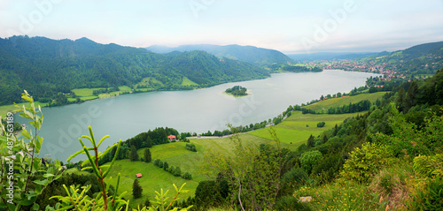 Fototapeta Naklejka Na Ścianę i Meble -  hiking destination Hohenwaldeck, view to lake Schliersee and green bavarian landscape