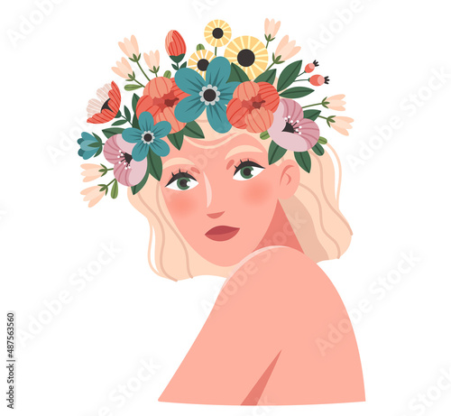 Beautiful blonde with a flower wreath. Young woman portrait. Flat character. Pretty girl in nature. 