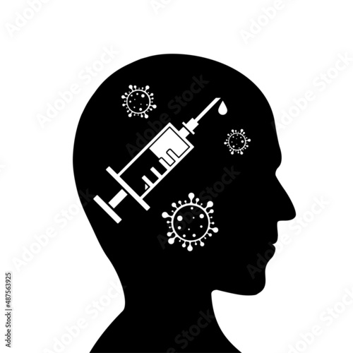 Syringe with vaccine and bacteria on human head silhouette.