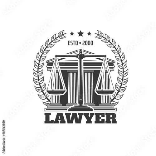 Lawyer icon with courthouse building, scales of justice and laurel wreath. Advocacy company vintage icon, juridical agency or firm monochrome vector symbol, justice and law retro emblem