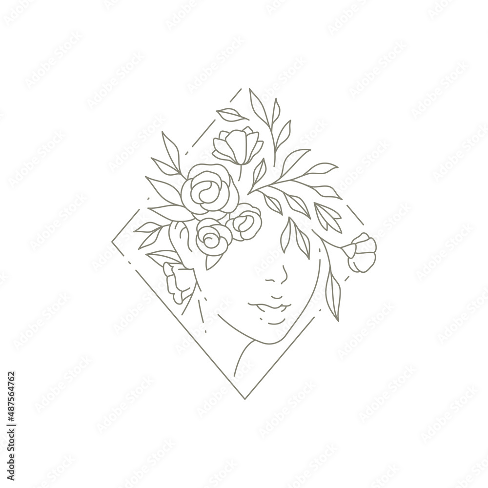 Romantic woman face with botanical flower on head at rhombus frame icon vector illustration