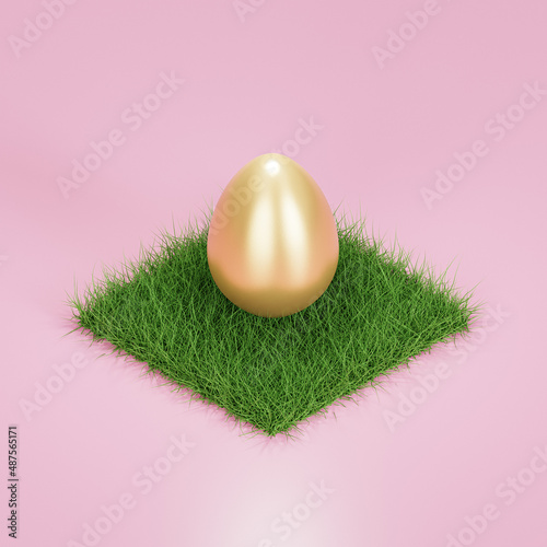 Golder Easter egg on green grass, pink background, Spring holidays advertising, 3d render photo