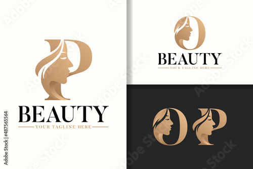 Feminine monogram logo letter O and P with woman silhouette