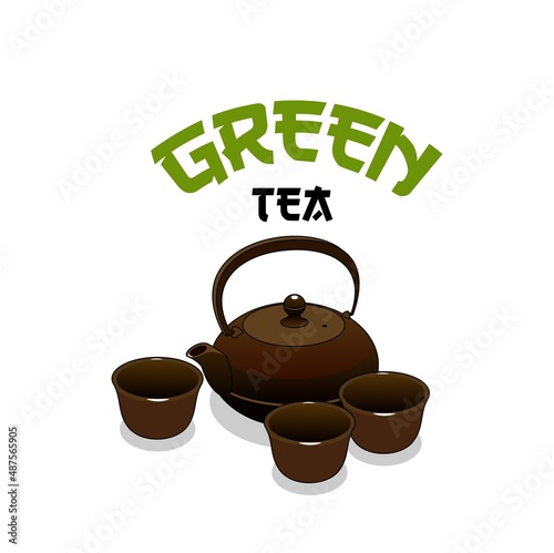 Green Asian tea vector icon of Japanese and Chinese tea ceremony set with teapot, cups and bowls. Green, black, oolong or matcha beverage utensils isolated symbol of oriental tea room