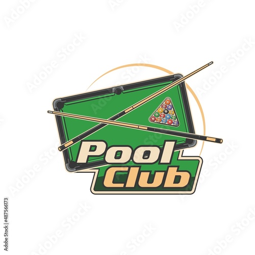 Pool club icon of billiards, snooker or pool sport game vector design. Billiards balls, crossed cues and triangle rack on green table, cue sports equipment isolated badge of pool room, billiard hall