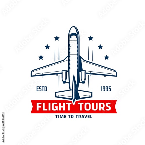 Flight tours icon, air travel or avia tourism with airplane, vector emblem. Aviation travel flights on charter and private jets, airline sign for passenger adventure and holidays air adventure