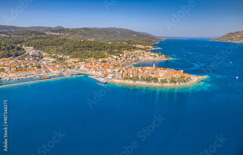 Aerial shot of the Old medieval town Korcula center