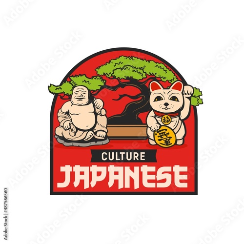 Japanese culture icon with vector bonsai tree, lucky cat maneki neko, ivory netsuke sculpture and gold koban coin. Asian travel and tourism, oriental tradition and Welcome to Japan isolated badge