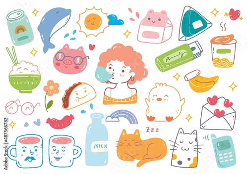 Set of Hand Drawn Kawaii and Girly Object Doodle Vector Element 