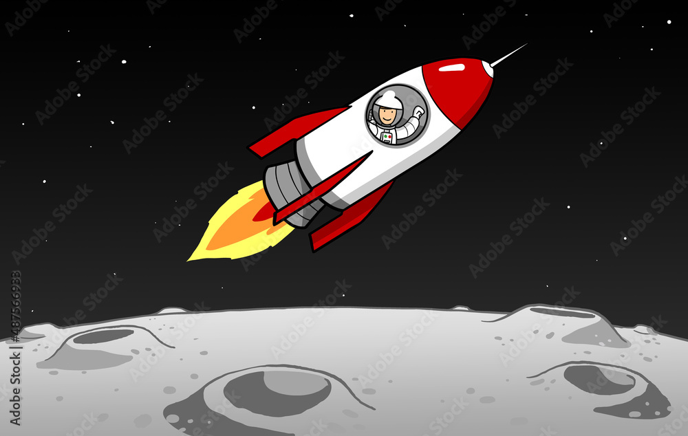 Cartoon Astronaut im Raumschiff fliegt über Mond Cartoon Astronaut im Raumschiff fliegt über Mond