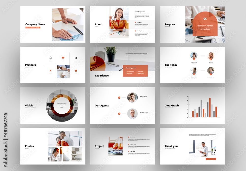 Clean Business Presentation Slide Layouts with Orange Accent Stock ...