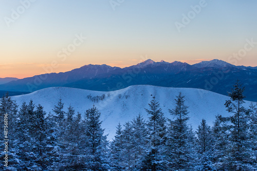 冬の霧ヶ峰高原から樹氷と夜明けの南アルプス