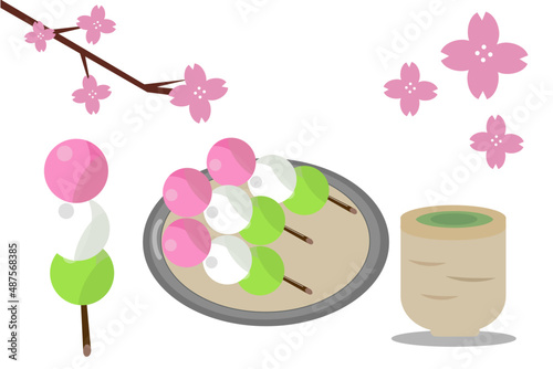 三色団子と緑茶 花見のイラストセット 桜