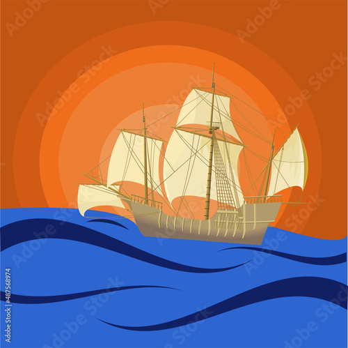 Silhouette of a sailboat at sunset, vector illustration, sailing boat floating in the ocean, silhouette of the sea and ship, drawing in a flat style.