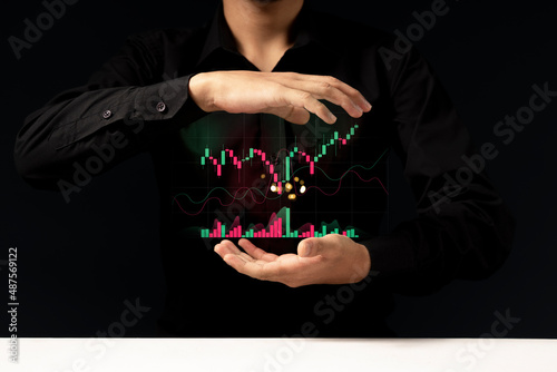 Obraz na płótnie young investor or business man with graphic global network connection and graph chart of stock market investment trading w salonie