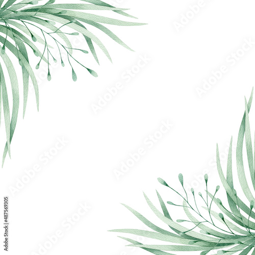 Watercolor illustration card green leaves and grass frame. Isolated on white background. Hand drawn clipart. Perfect for card  postcard  tags  invitation  printing  wrapping.