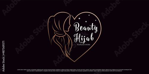 Beauty hijab logo design template with line art style and creative element Premium Vector