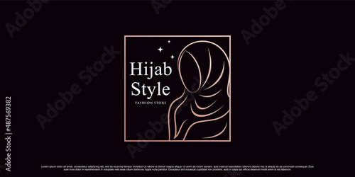 Hijab logo design template with line art style and square concept Premium Vector