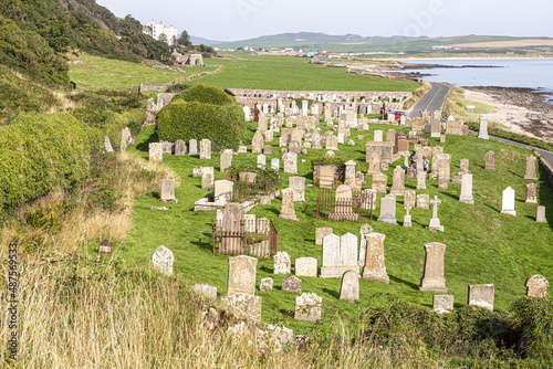 The roofless, ivy-covered chapel of St Columba in Keil Cemetery near Southend on the Kintyre Peninsula, Argyll & Bute, Scotland UK