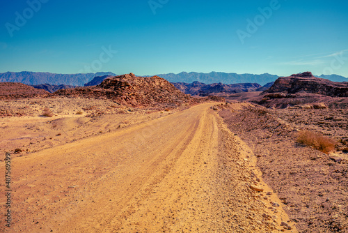 Mountain desert landscape. Dirt road in Timna Park  Eilat  Israel