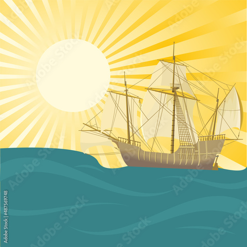 Sailboat silhouette at sunset, vector illustration, sailboat sailing in the ocean, sea and ship silhouette sailing in a boat with sails, flat style drawing.